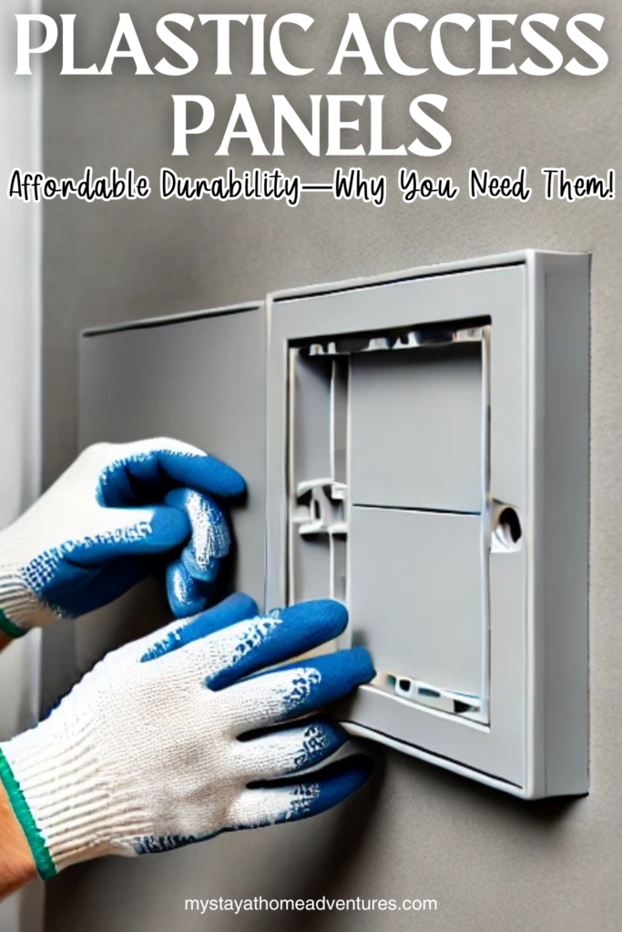 A person wearing blue and white work gloves installs a plastic access panel on a gray wall, carefully securing it in place.