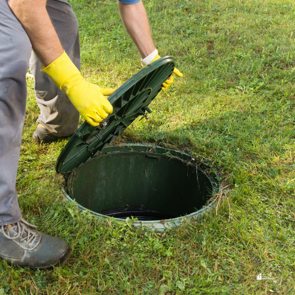 A person wearing gloves opening a septic tank lid in a grassy yard, illustrating maintenance procedures.