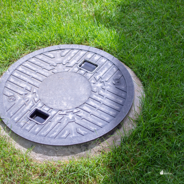 A closed septic tank lid surrounded by green grass, showing a properly sealed septic system.