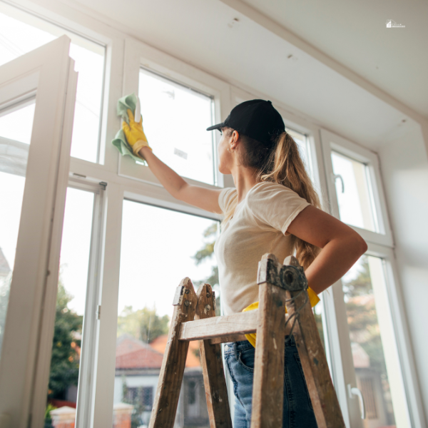 A woman wearing yellow gloves cleans a large window while standing on a ladder in a bright room.