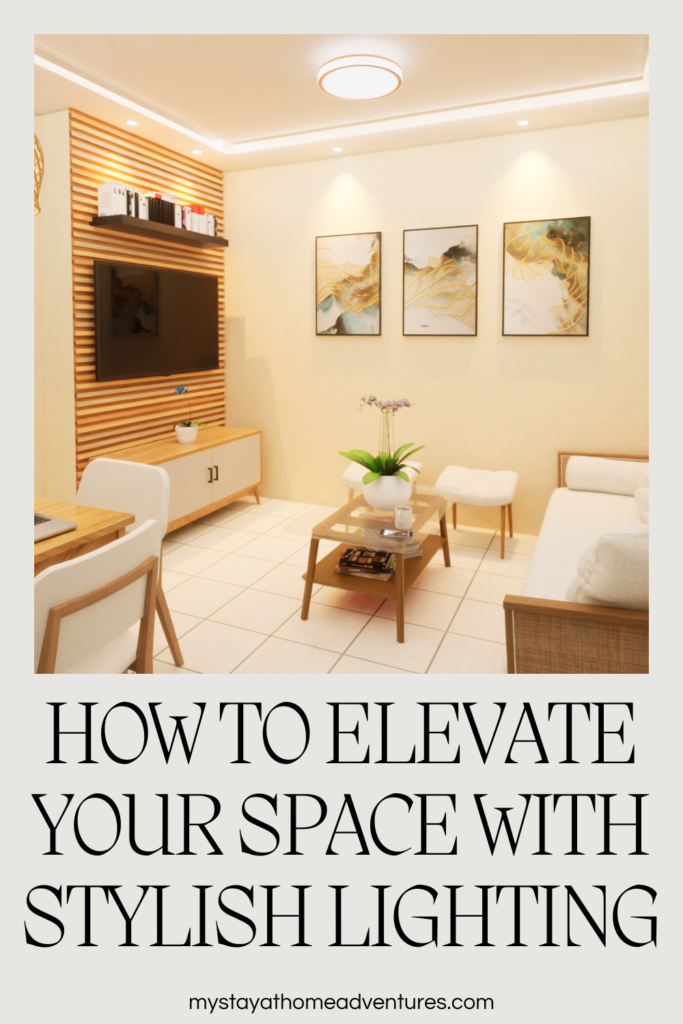 A modern living room featuring soft ceiling lighting, abstract wall art, and a cozy seating area with wooden accents.