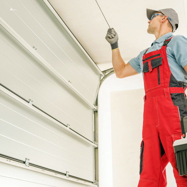 A professional worker in red overalls and gloves inspects the mechanism of a garage door while standing inside a garage.