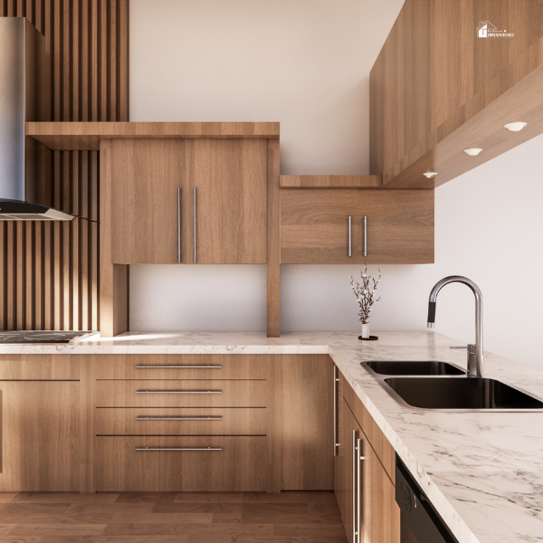 A sleek, contemporary kitchen with wooden cabinets, a marble countertop, and a stylish backsplash, showcasing a minimalist yet functional design with an integrated range hood and under-cabinet lighting.