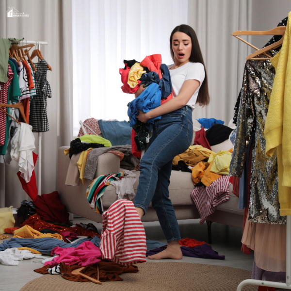 A woman stands barefoot in a messy room, holding a large pile of clothes with a surprised expression.