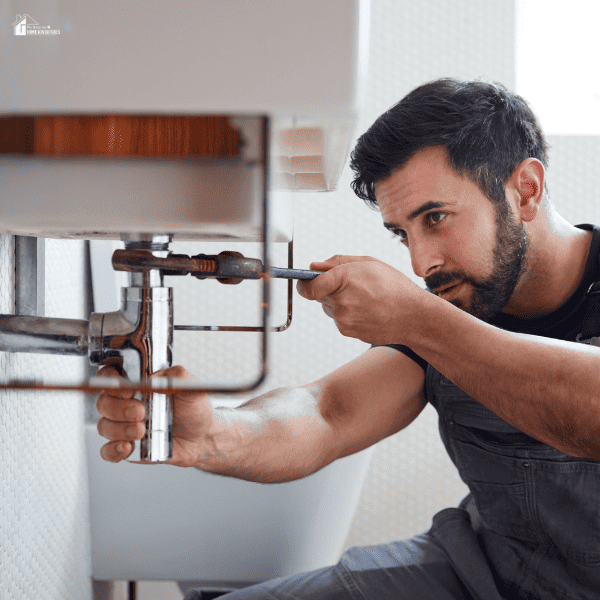 A plumber works under a sink, tightening a pipe with a wrench.