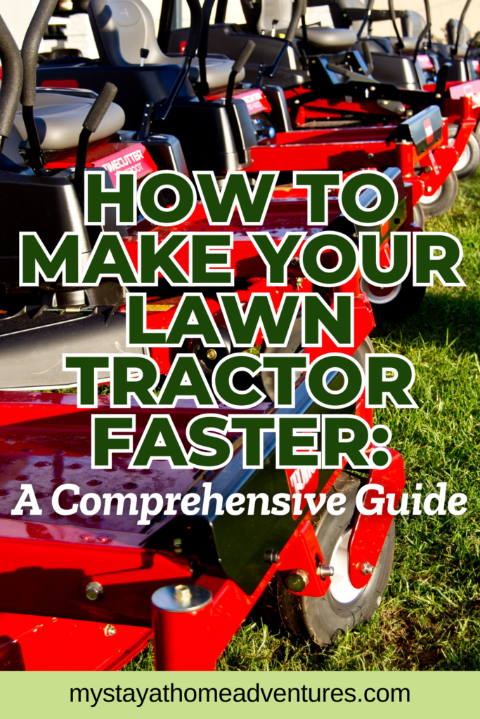 A row of red riding lawn mowers is lined up on a green lawn in bright daylight.