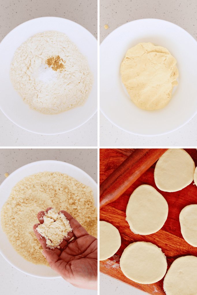 Step-by-step process of making Puerto Rican arepas, showing the mixing of dry ingredients, kneading the dough, achieving the perfect crumbly texture, and rolling out dough rounds for frying.