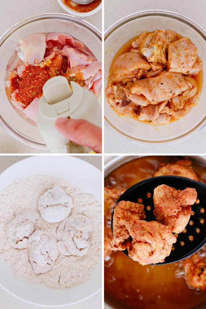 A step-by-step collage showing how to make chicharrones de pollo, from seasoning and marinating the chicken to coating it in flour and frying until golden brown.